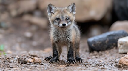 Wall Mural - Cute fox kit standing outdoors, rocks background, wildlife