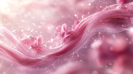 Wall Mural - Pink fragrance wind wave with flower petals and sparkles. Realistic 3d vector illustration set of rose air flow swirls and curves with japanese sakura or cherry blossoms. Abstract swoosh scent trail.