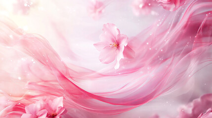 Wall Mural - Pink fragrance wind wave with flower petals and sparkles. Realistic 3d vector illustration set of rose air flow swirls and curves with japanese sakura or cherry blossoms. Abstract swoosh scent trail.