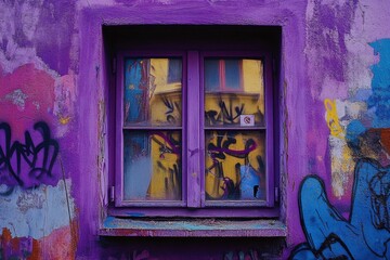 Wall Mural - Colorful urban decay displays a window on a graffiti wall