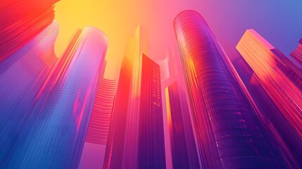 Aufkleber - Futuristic cityscape depicting a modern urban skyline with tall illuminating skyscrapers and vibrant neon lights creating a dynamic energetic and technologically advanced atmosphere
