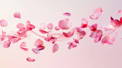 Wall Mural - Pink fragrance wind wave with flower petals and sparkles. Realistic 3d vector illustration set of rose air flow swirls and curves with japanese sakura or cherry blossoms. Abstract swoosh scent trail.