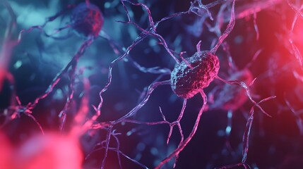 Poster - Glowing Neural Network of Vibrant Electric Impulses and Connections  Abstract microscopic biological digital visualization of cerebral synaptic activity and molecular structures