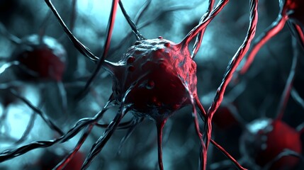 Fototapete - Glowing Neural Network Structure with Dynamic Fiber Connections and Synaptic Signals Representing Complex Biological and Technological Concepts