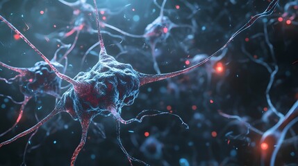 Fototapete - Glowing Neuronal Network with Electrical Impulses and Synaptic Connections in Abstract Digital Art  This image depicts a vibrant