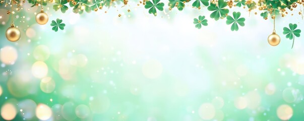 Wall Mural - A festive background featuring green shamrocks and sparkling bokeh, perfect for St. Patrick's Day celebrations.