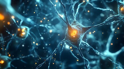Fototapete - Glowing neuronal network with electrical impulses and synaptic signaling in the brain representing the complex communication and information processing within the central nervous system