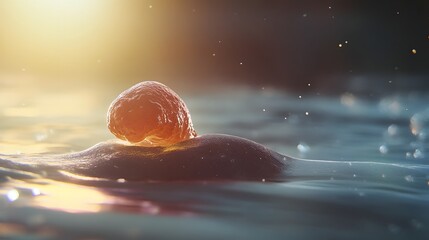 Poster - Glowing orange sphere floating on the surface of a tranquil swimming pool its reflection creating a mesmerizing display as the sun sets in the background casting a warm