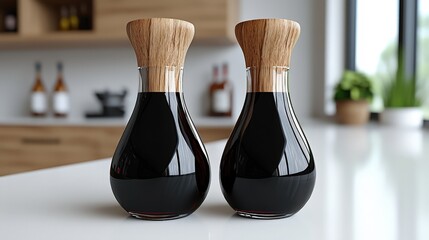 Poster - Elegant glass bottles with wooden corks displaying dark liquid on a modern kitchen countertop