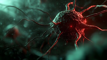Poster - Glowing Red and Green Microscopic Cellular Structure with Abstract Futuristic Digital Background  High tech Conceptual Image of Molecular Biology Medical Research or Diagnostic Healthcare Technology