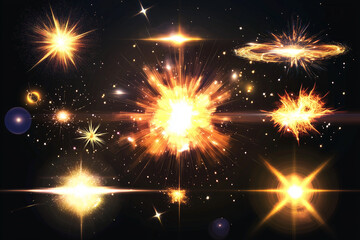 Poster - collection of bright, glowing stars and explosions in the sky. Scene is one of excitement and wonder, as the bright lights and explosions create a sense of awe and amazement