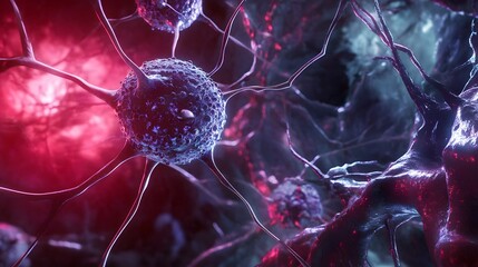 Leinwandbilder - Glowing Red and Blue Neural Network Connections Representing the Complex Electrical Communication and Signaling in the Human Brain