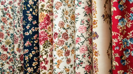 Leinwandbilder - Close up view of patterned fabrics with floral designs and blank space for custom text creation in a vibrant display. Generative AI