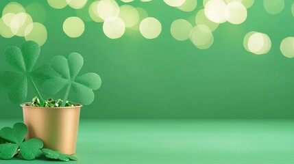 Wall Mural - A vibrant green background features a small gold pot with lush clover leaves, creating a festive and refreshing atmosphere.