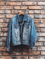 Poster - Stylish denim jacket hangs against rustic brick wall with ample space for customizable text and creative design placement. Generative AI