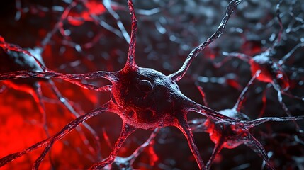 Poster - Glowing Red Neurons in a Complex Neural Network Displaying the Intricate Biological Structure and Connectivity of the Nervous System