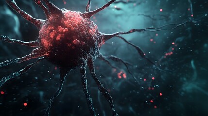 Fototapete - Glowing vibrant neuron network in a dark moody environment conceptual and experimental image showcasing the intricate structure and electrical impulses of the brain s neural connections  This dynamic