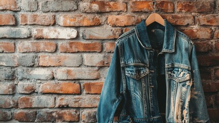 Poster - Denim jacket hanging against rustic brick wall with space for text. Generative AI