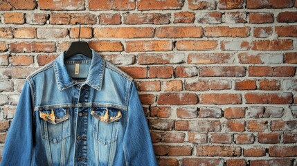 Poster - Denim jacket displayed on rustic brick wall with space for custom text and creative designs. Generative AI