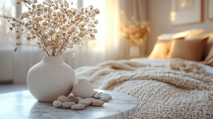 Poster - modern minimalist bedroom featuring marble table with decorative vases and dried flowers. warm tones create cozy and inviting atmosphere, perfect for relaxation