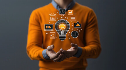 Aufkleber - Innovative corporate leader showcasing advanced environmental technology with glowing light bulb symbolizing ideas and data visualization