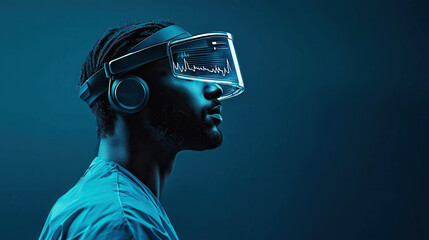 Poster - Innovative medical technology with doctor using virtual reality headset, analyzing data. futuristic setting highlights advanced healthcare solutions and immersive experiences