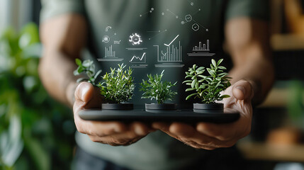 Aufkleber - Innovative professional holding plants with digital analytics graphics. This represents advanced sustainability and environmental monitoring concepts