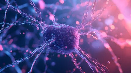 Poster - Intricate Neural Network of Abstract Glowing Brain Cells with Vibrant Neon Lighting  Futuristic and psychedelic scientific microscopic view of organic neuronal anatomy and molecular structures