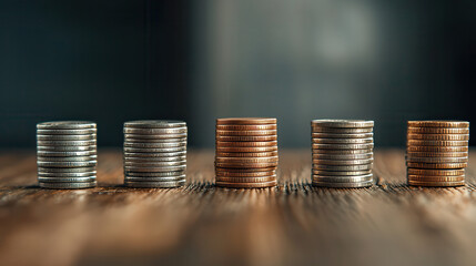 Aufkleber - Stacks of coins in varying heights on wooden surface, symbolizing financial growth and investment. image conveys sense of stability and economic progress