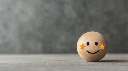 Fototapete - wooden sphere with smiling face and starry eyes, symbolizing joy and positivity, sits on textured surface against blurred background