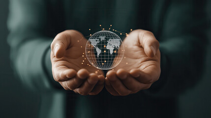 Poster - Transformative digital globe held in hands, symbolizing climate action and innovative AI solutions for sustainable future