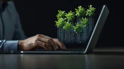 Aufkleber - Innovative environmental analyst working on laptop with digital plants. image symbolizes technology and sustainability in modern workspace