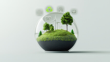 Poster - futuristic sustainability concept featuring glass globe with trees, wind turbines, and eco friendly icons, symbolizing environmental protection and renewable energy