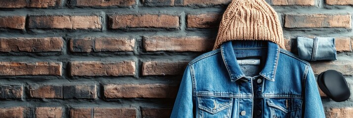 Poster - Denim jacket and knitted hat against rustic brick wall with space for adding custom text or message. Generative AI