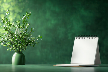 Aufkleber - minimalistic desk scene featuring blank flip calendar and green plant in vase, set against soft green background, evokes sense of calm and creativity