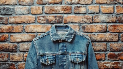 Poster - Denim jacket displayed against rustic brick wall, perfect background for fashion inspiration and text overlays. Generative AI
