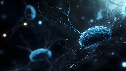 Fototapete - Intricately detailed 3D rendering of the neural network structure within the cerebral cortex showcasing the complex synaptic transmission and neurological activity in shades of vibrant blue and dark