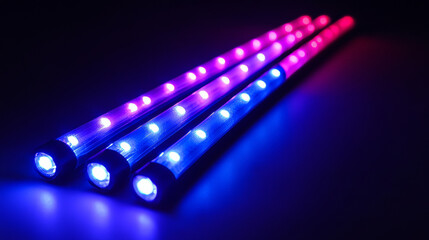 Wall Mural - Isolated neon led lamp tube line with blue glow vector on transparent background. Realistic 3d light laser stripe bulb in red and purple color set. Flash lazer shine at night illustration collection.