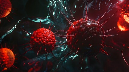 Poster - Macro Photograph of Colorful Abstract Virus Cells or Biological Molecules Viewed Under Microscope in Medical Research Laboratory  Concept of Biotechnology Microbiology