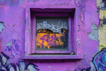 Poster - Purple wall with window covered in graffiti and broken glass