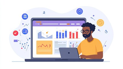A digital marketing expert analyzing data on a laptop with charts and graphs, illustrating marketing strategies.