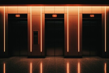 Sticker - Elevators in a building with orange neon lights showing transportation and architecture