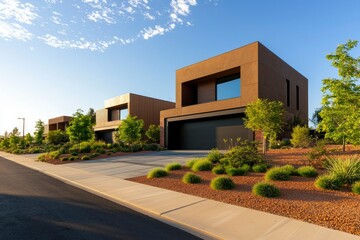 Wall Mural - Modern homes in warm light. Nice landscaping, blue sky. Real estate, rental