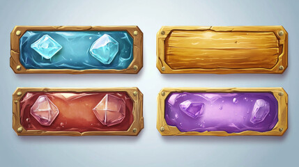 Rectangle buttons with golden, wooden and water textures for ui game design. Vector cartoon set of glossy labels from ice, stone, red crystal and purple jelly isolated on background