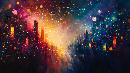 Poster - Mesmerizing Cityscape of Vibrant Lights and Enchanting Festivities in the Nighttime Sky   Shimmering skyscrapers and a dazzling display of colors create a captivating otherworldly atmosphere