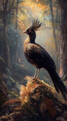 Lyrebird vocalizing in a tranquil forest setting. Vertical