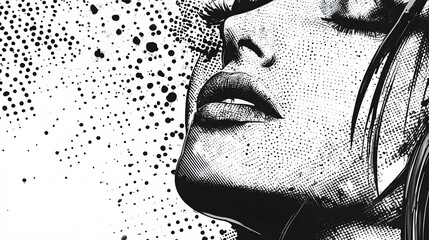 Poster - Mesmerizing close up portrait of a woman s face with a dramatic monochrome aesthetic featuring an abstract dot pattern backdrop that adds a sense of mystery and intrigue to the captivating image