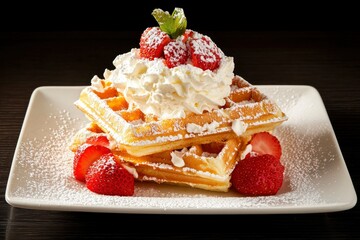 Wall Mural - Sweet Belgian waffles with strawberries and whipped cream served for dessert