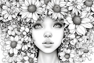 Portrait beautiful girl with flower. Sketch for coloring book