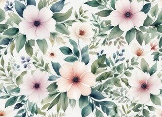 Wall Mural - Watercolor floral pattern with delicate petals and leaves on a soft white background, abstract, nature, watercolor